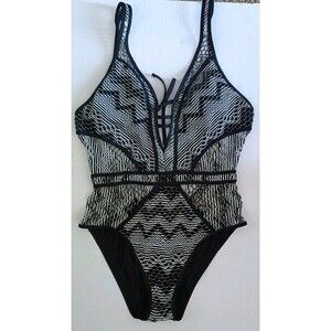 Becca One Piece Swimsuit Reveal Plunge Crochet Size Large Black White Open Back